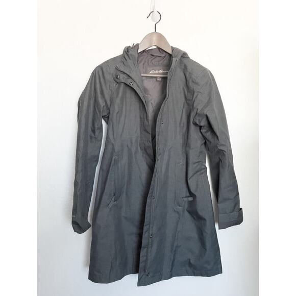 Eddie Bauer On The Go Trench Rain Jacket Hood Mid Length XS Grey Lightweight - Picture 1 of 7